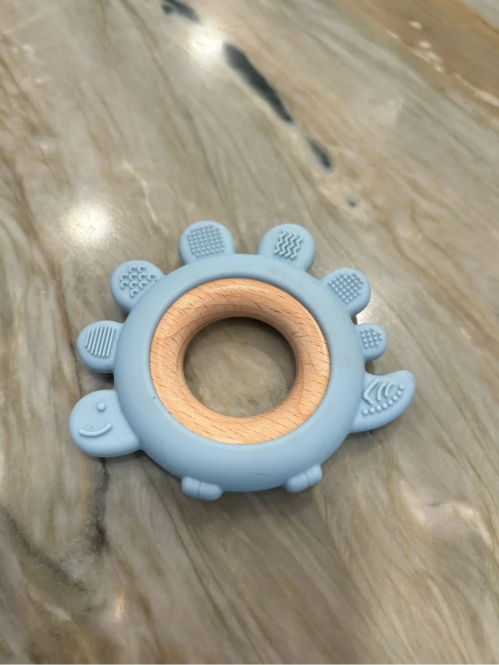 Silicone & Wood Turtle Teether Ring - Mint and Light Blue (Set of 2)